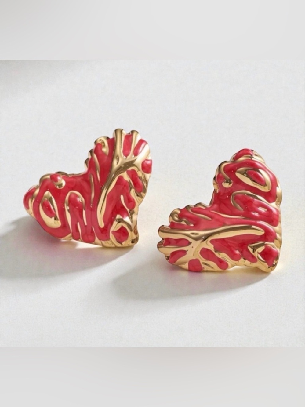 Red Heart Stud Earrings Gold Abstract Design